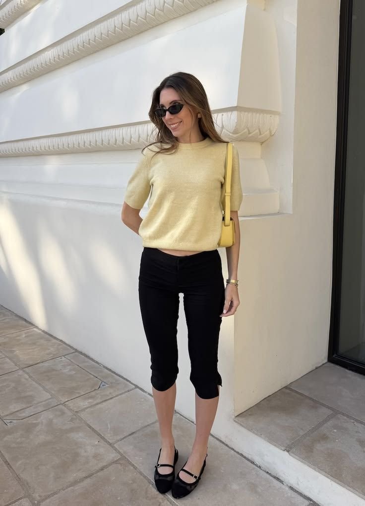 Yellow Knit Black Capris