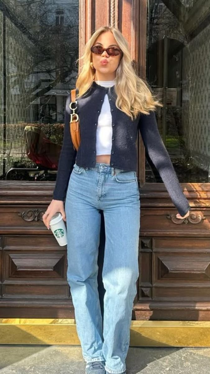 Navy Cardigan Wide Leg Jeans