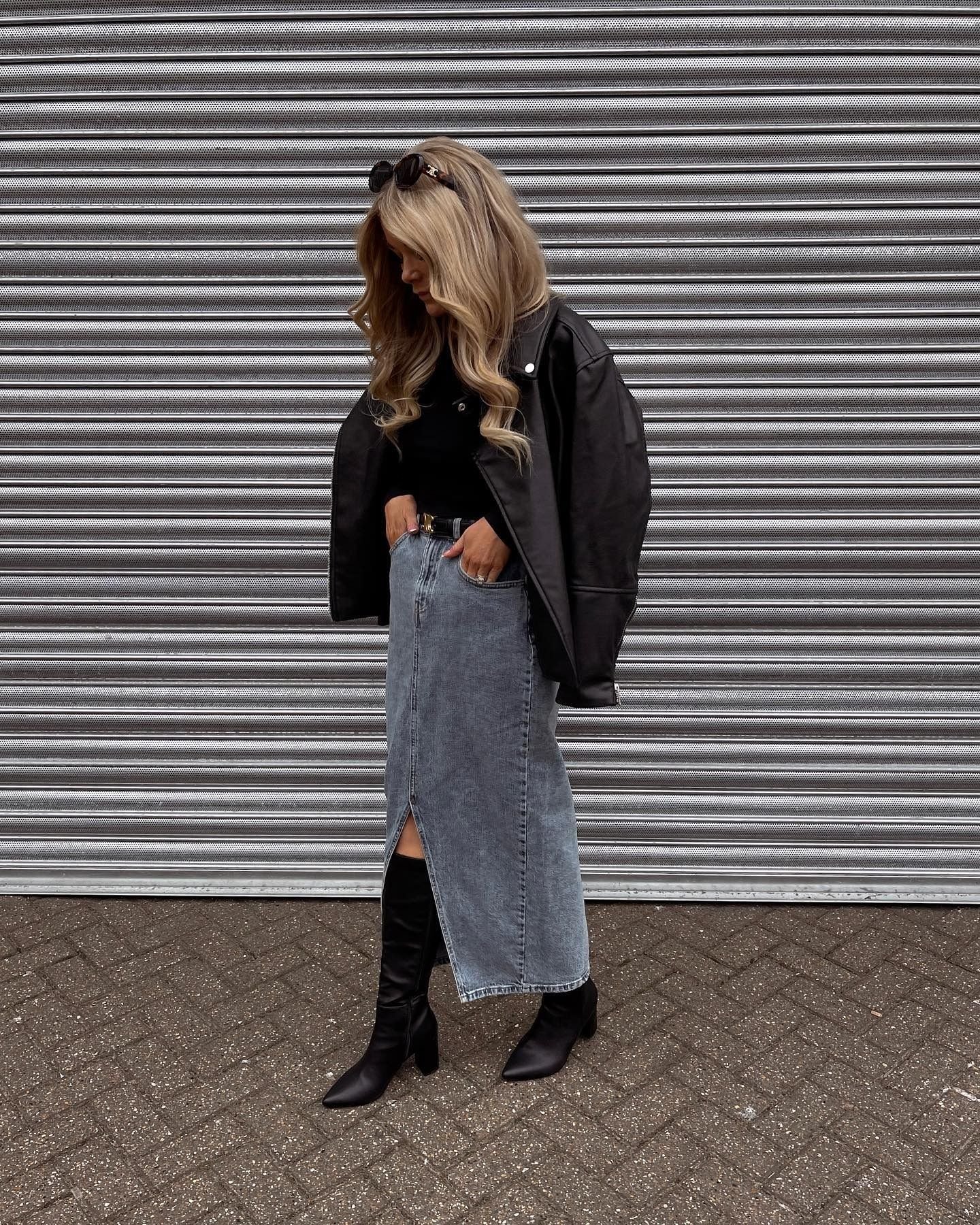 Black Leather Denim Midi
