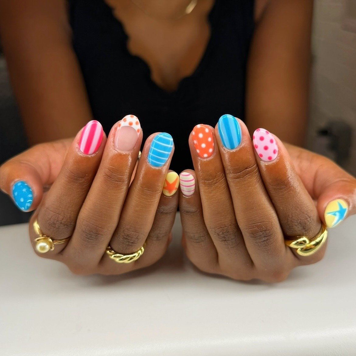 Colorful Stripes Dots Star Nails