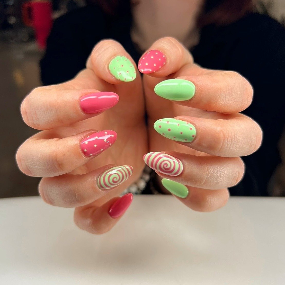 Pink Green Candy Swirl Nails