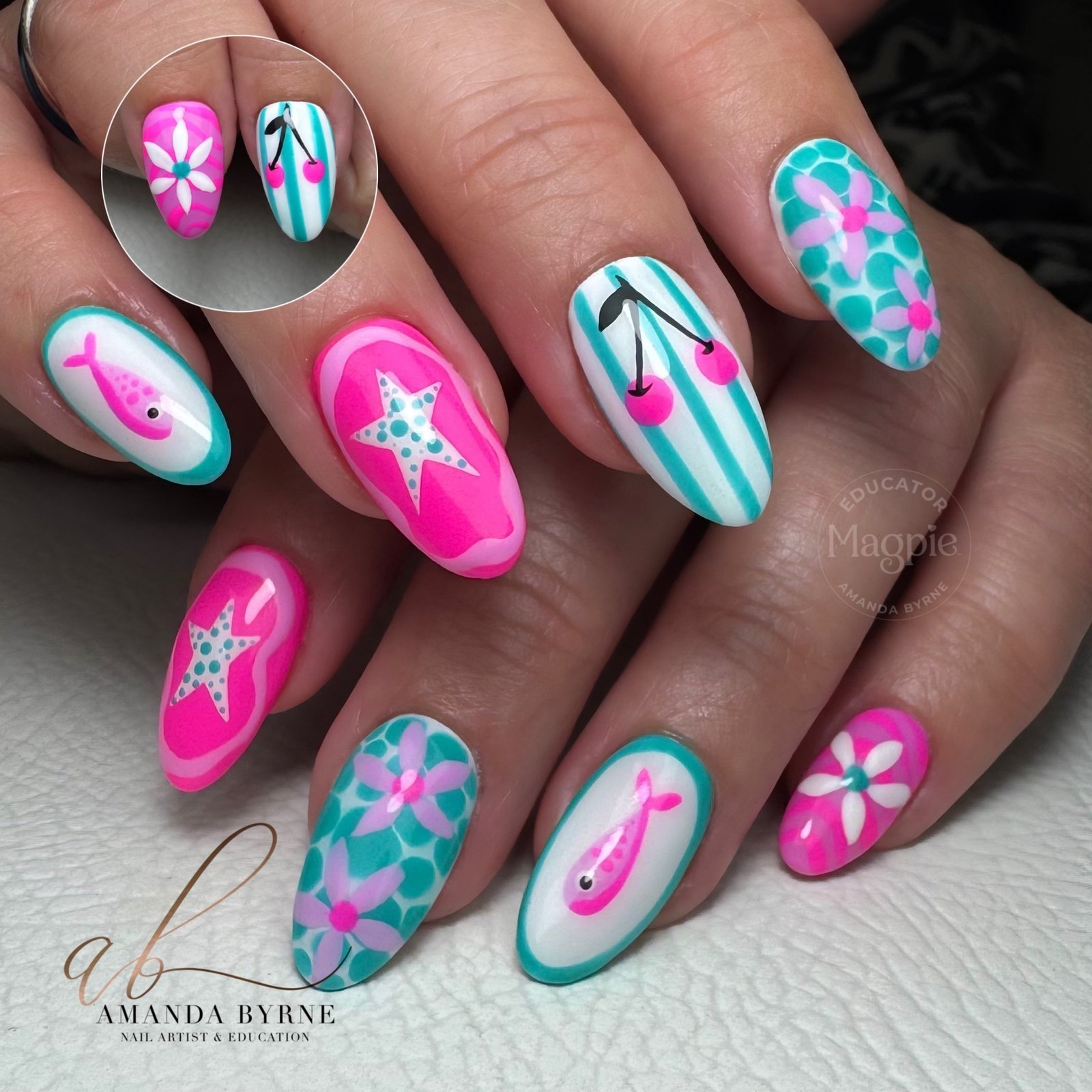 Pink Teal Ocean Motif Nails