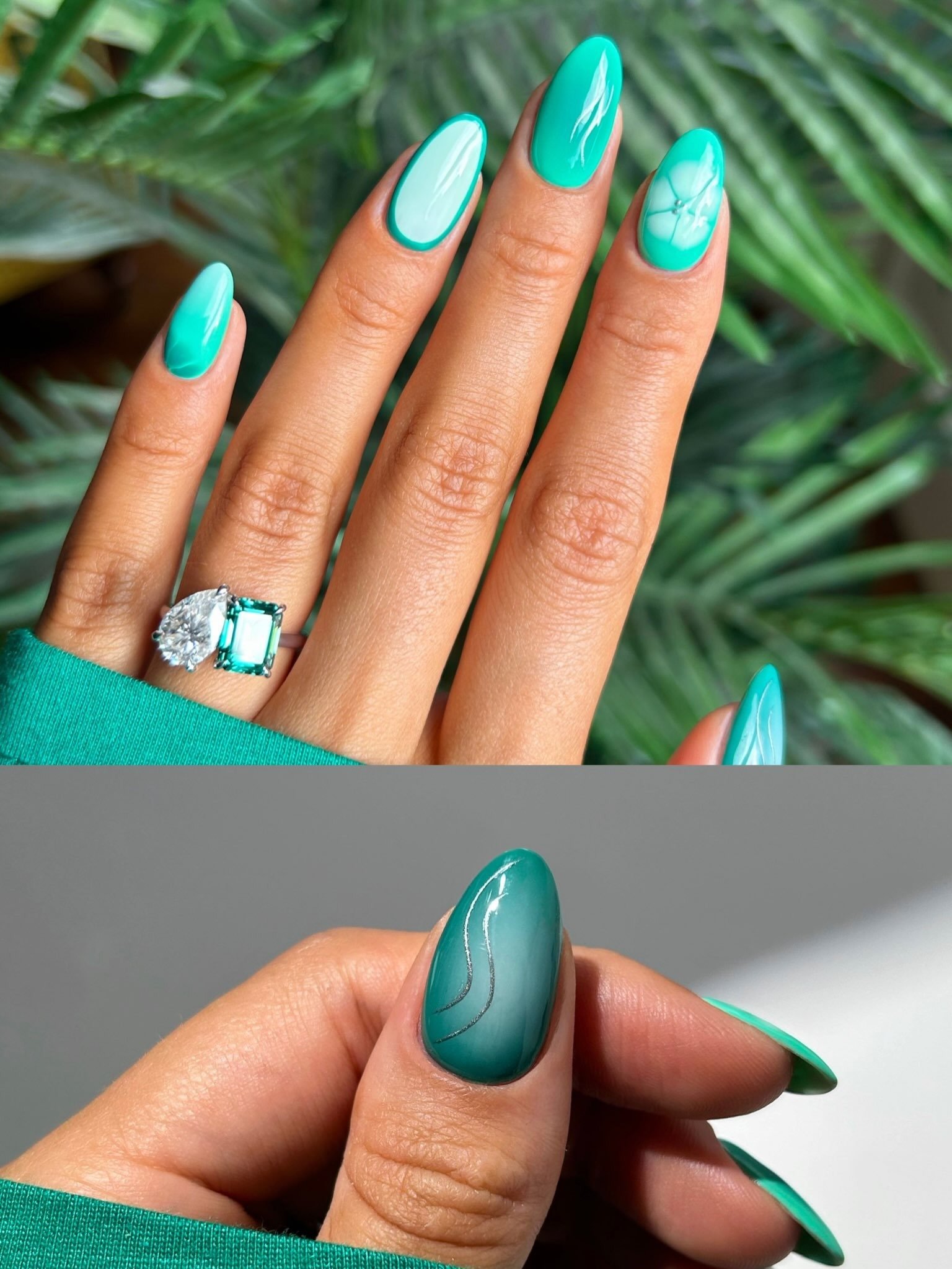 Teal Aura Marble Almond Nails