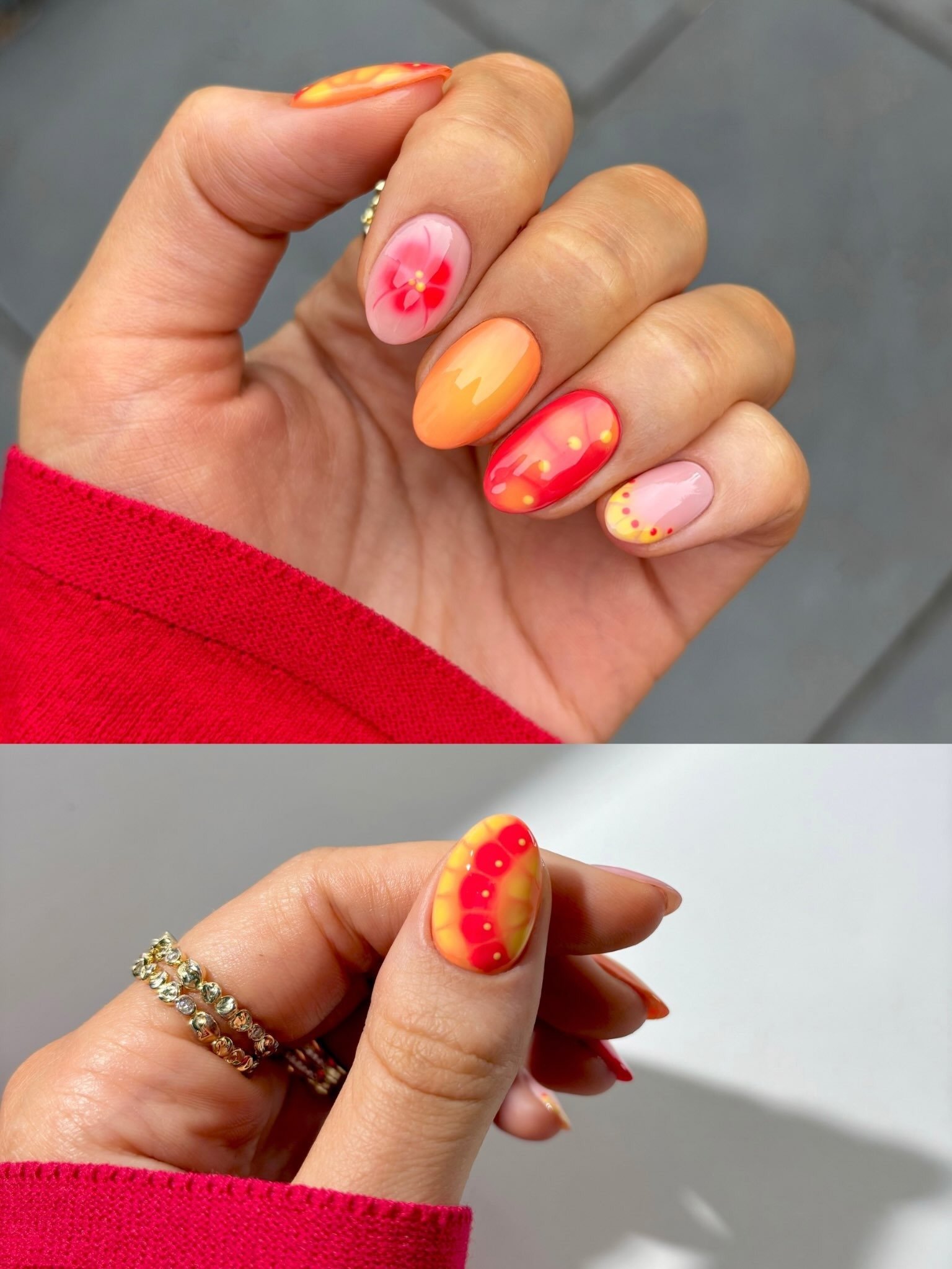 Red Orange Floral Swirl Nails